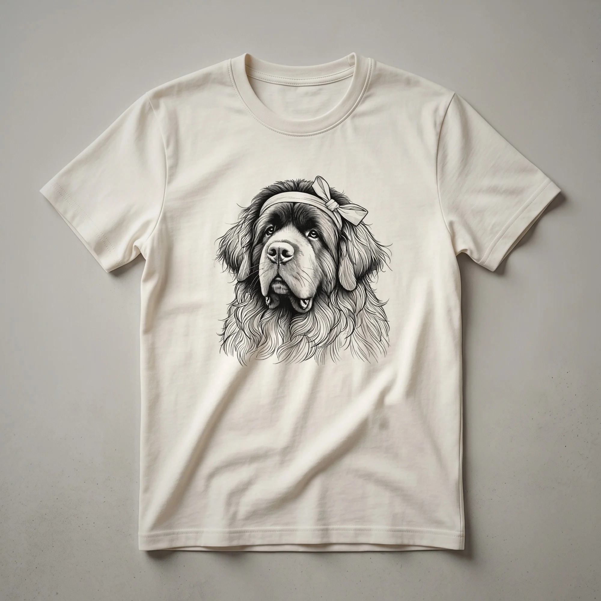 Black and white graphic t-shirt featuring a peeking Newfoundland dog with a distressed texture.