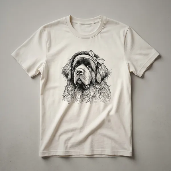 Black and white graphic t-shirt featuring a peeking Newfoundland dog with a distressed texture.