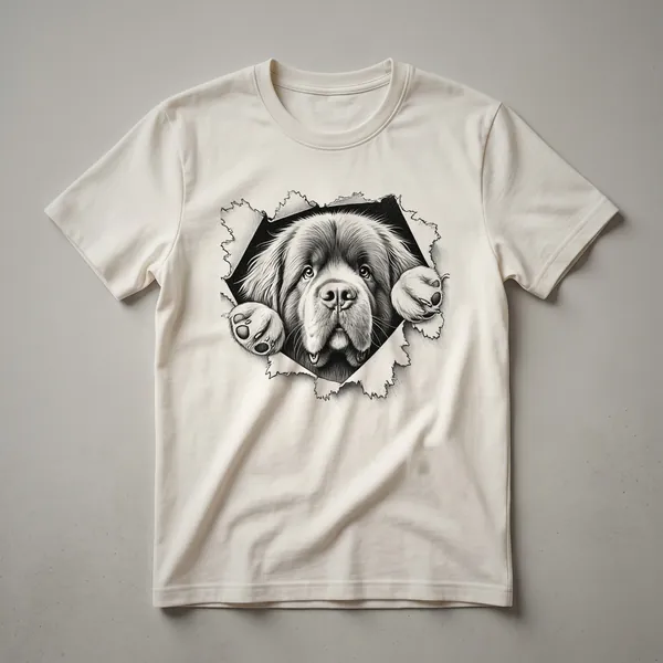 White graphic t-shirt featuring a black and white Newfoundland dog peeking over a colorful floral border.