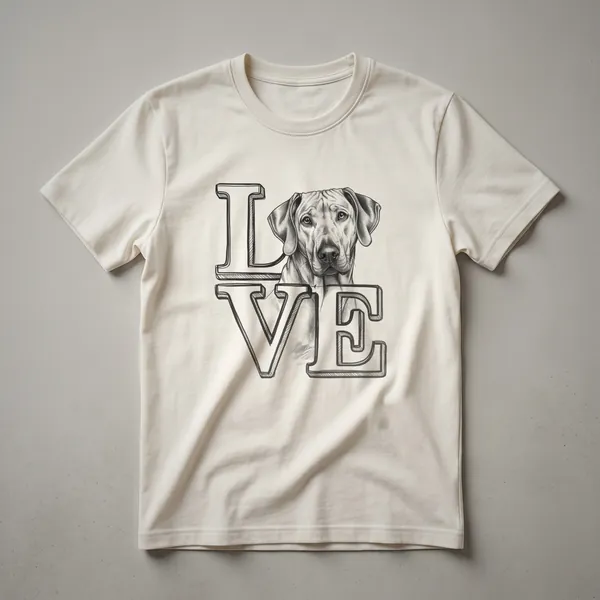 White graphic t-shirt featuring a black silhouette of a Rhodesian Ridgeback dog with a floral design around it.