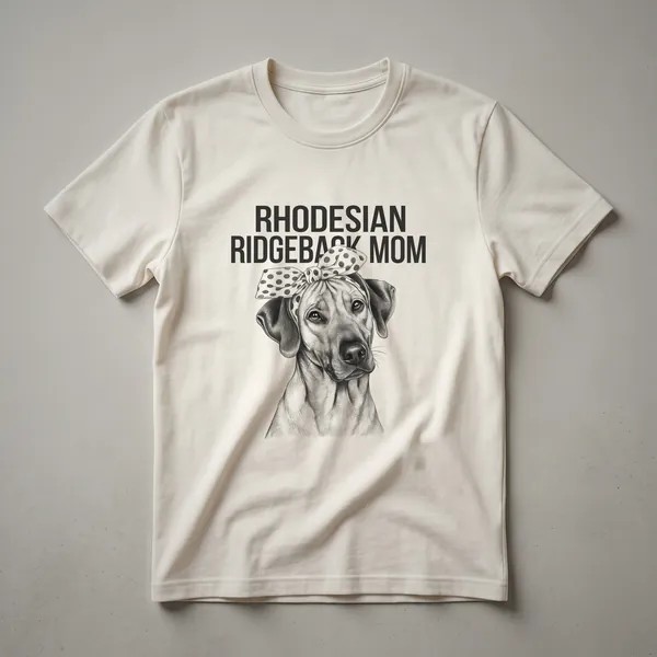 White graphic t-shirt featuring a stylized Rhodesian Ridgeback dog head surrounded by colorful floral accents, with the text 'Rhodesian Ridgeback Mom'.