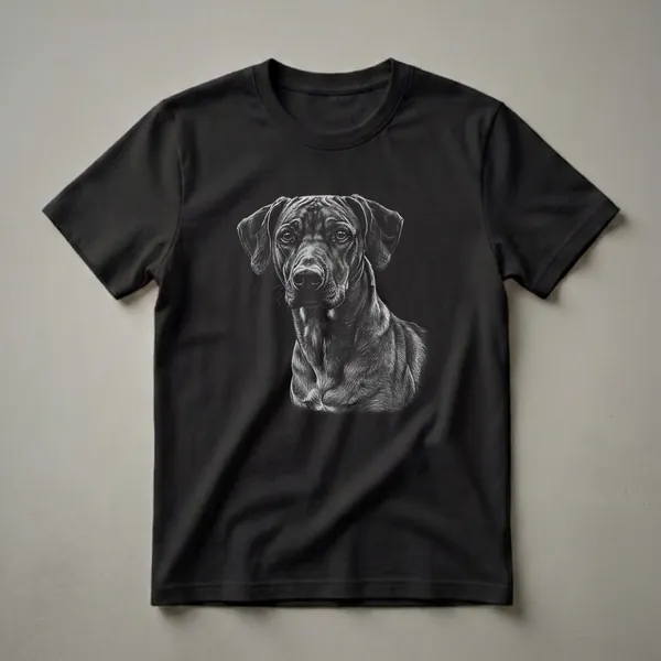 Black and white scratchboard art t-shirt featuring a detailed portrait of a Rhodesian Ridgeback dog's head and shoulders.