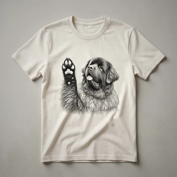 White graphic t-shirt featuring a black Newfoundland dog paw print surrounded by colorful floral elements, with the text 'Raising Paw' above it.