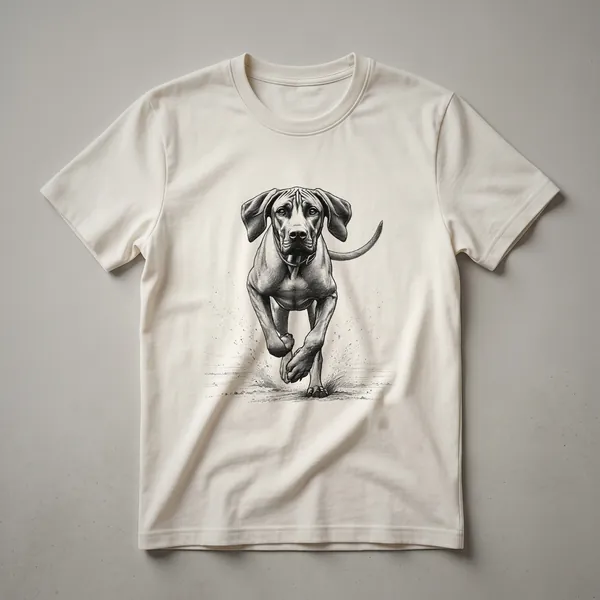 Black graphic t-shirt with a distressed image of a Rhodesian Ridgeback dog in a running pose.