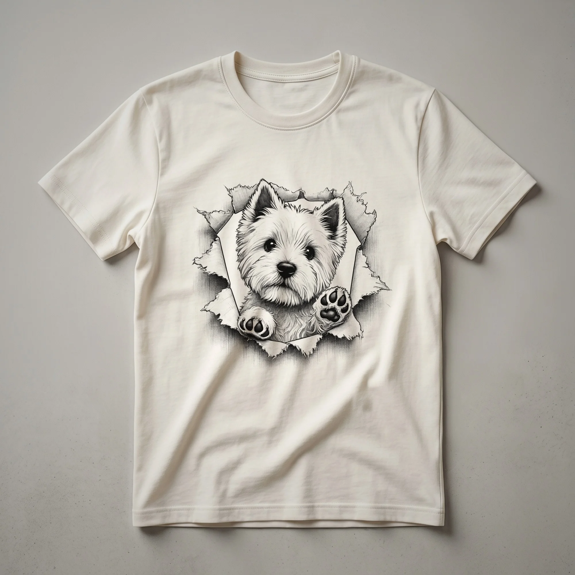 White t-shirt with a graphic of a West Highland White Terrier dog peeking from the bottom edge, showing its face and fluffy white fur.
