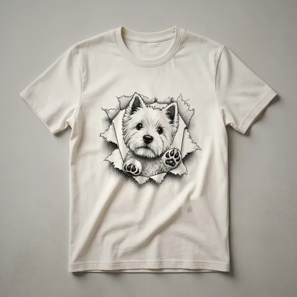 White t-shirt with a graphic of a West Highland White Terrier dog peeking from the bottom edge, showing its face and fluffy white fur.