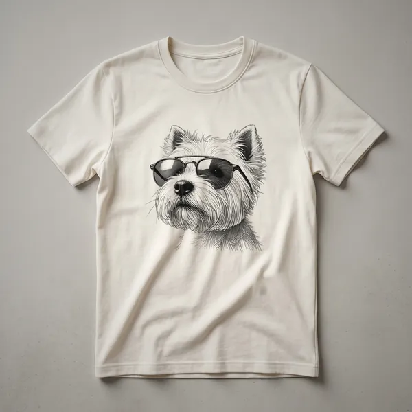 White t-shirt with a graphic art design of a West Highland White Terrier wearing dark sunglasses.