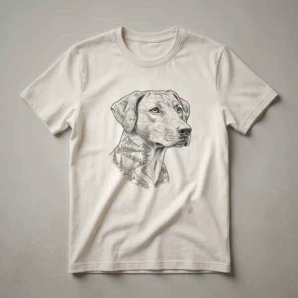 A graphic t-shirt design featuring a black silhouette of a Rhodesian Ridgeback dog with a floral nature motif in the background, presented on a white mockup.