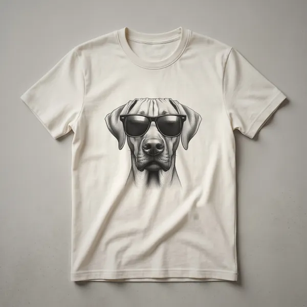 White t-shirt featuring a graphic of a Rhodesian Ridgeback dog wearing dark sunglasses.