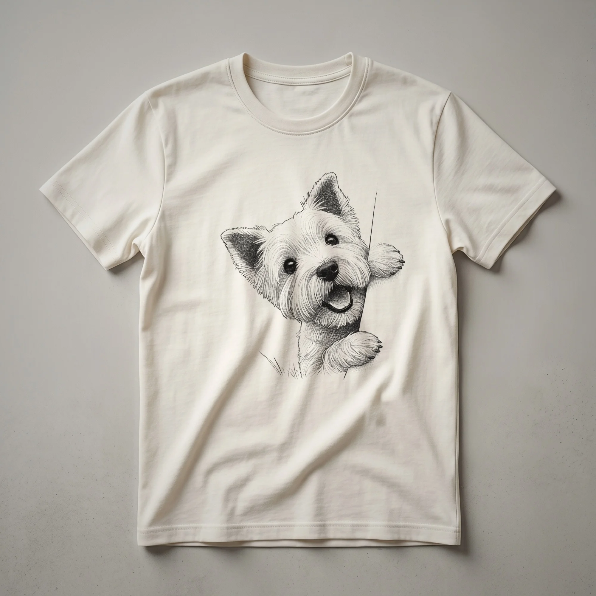 A white West Highland White Terrier dog is peeking from the bottom of a graphic t-shirt design.