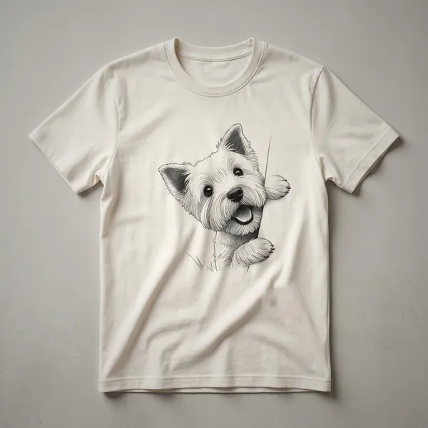 A white West Highland White Terrier dog is peeking from the bottom of a graphic t-shirt design.