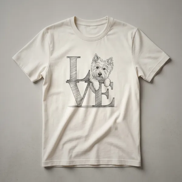 White graphic t-shirt featuring a stylized illustration of a West Highland White Terrier dog with the text 'Westie Dog Love'.