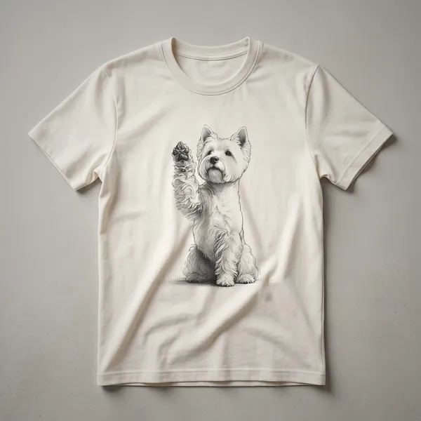 A white West Highland White Terrier dog is depicted raising its paw in a graphic design on a black t-shirt.