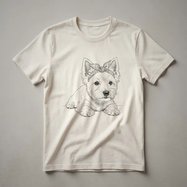 White West Highland Terrier graphic t-shirt for women, featuring a stylized portrait of the dog.