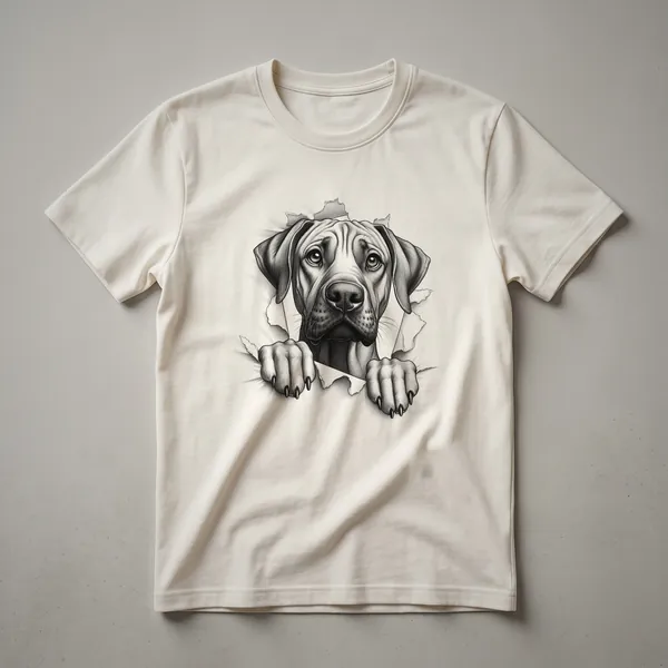 White graphic t-shirt with a Rhodesian Ridgeback dog peeking from behind a colorful floral arrangement.