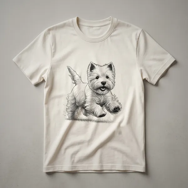 White t-shirt with a distressed graphic of a West Highland White Terrier running, designed for runners and dog lovers.
