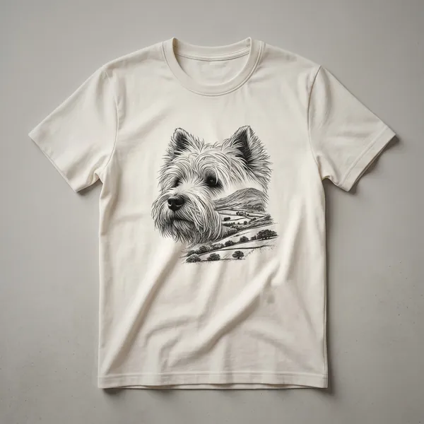 White West Highland White Terrier dog graphic t-shirt with a nature memorial design, featuring trees and subtle floral elements.