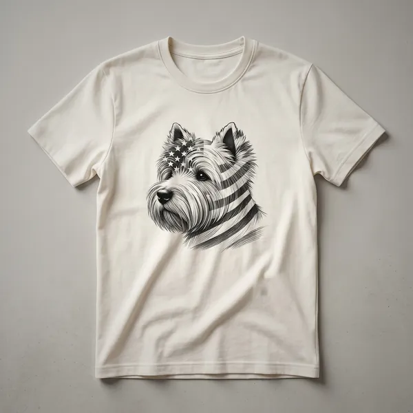 White t-shirt featuring a West Highland White Terrier dog wearing sunglasses with an American flag design.