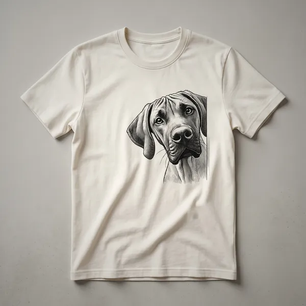 White t-shirt with a Rhodesian Ridgeback dog's head peeking over a colorful floral border.