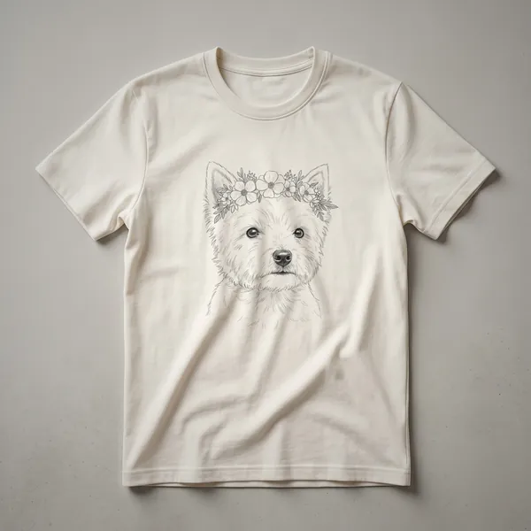 White t-shirt with a graphic of a West Highland White Terrier dog surrounded by colorful flowers.
