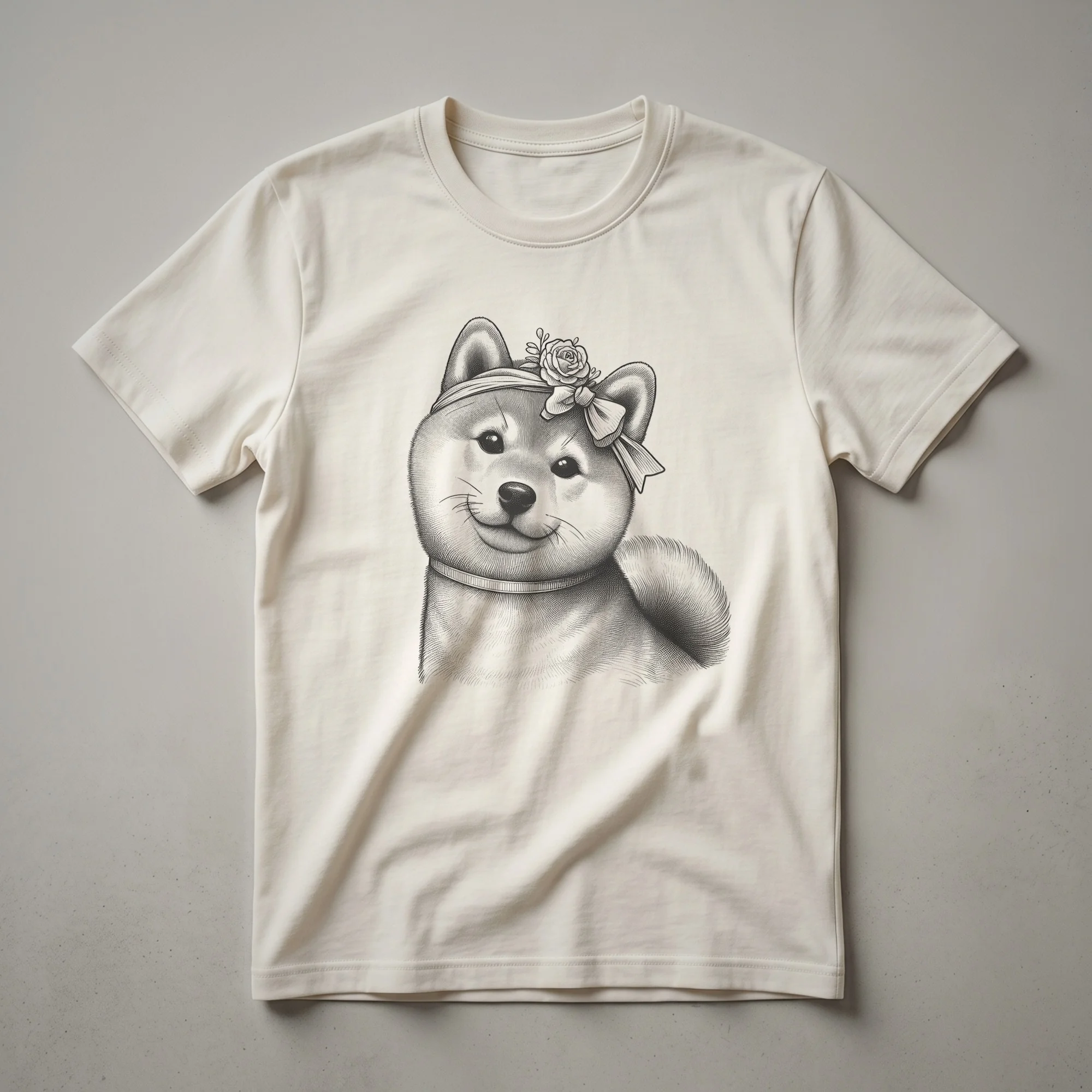 White graphic t-shirt with a Shiba Inu dog peeking over a red heart with paw prints.