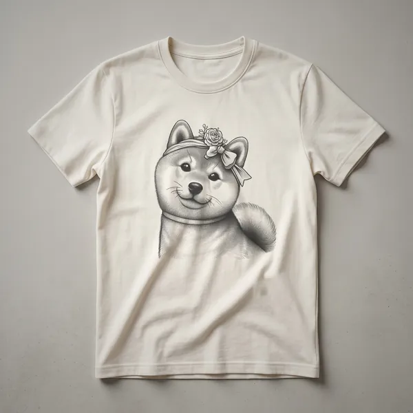 White graphic t-shirt with a Shiba Inu dog peeking over a red heart with paw prints.