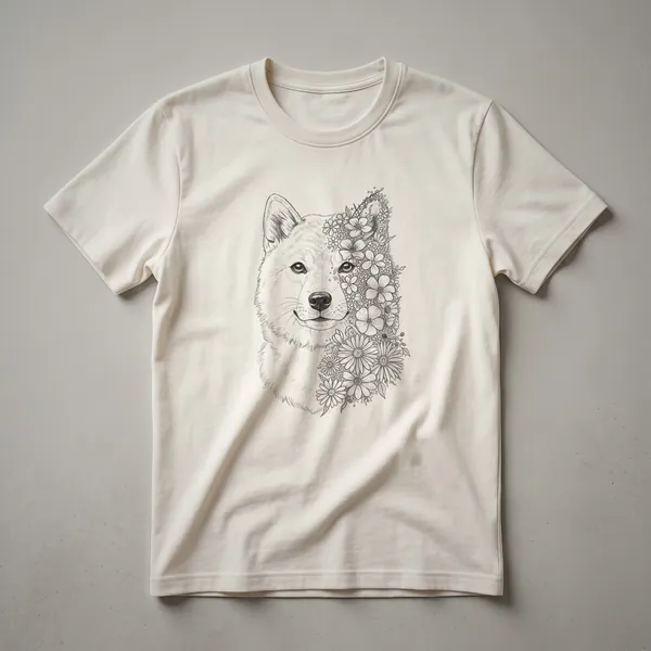 White t-shirt with a graphic design of a Shiba Inu dog surrounded by colorful flowers and leaves.