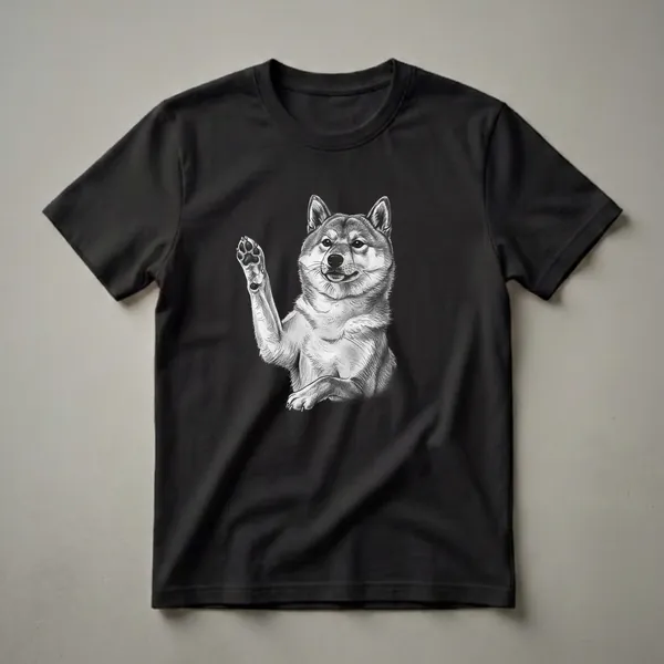 Black t-shirt featuring a detailed pencil sketch of a Shiba Inu dog raising its paw, with its head looking forward and tongue slightly out.