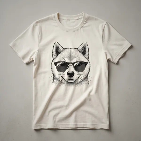A white and tan Shiba Inu dog wearing dark sunglasses and a red, white, and blue bandana, printed on a graphic t-shirt.