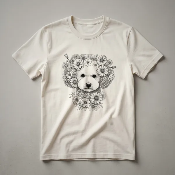White graphic t-shirt featuring a black silhouette of a Bichon Frise dog with colorful floral elements surrounding it.