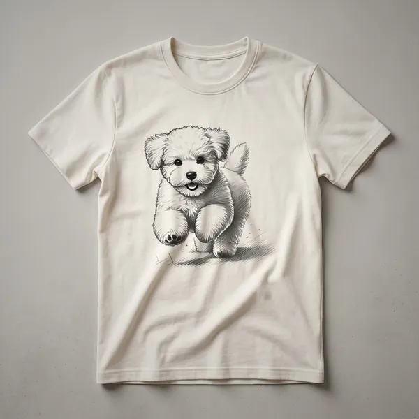 White Bichon Frise dog running graphic t-shirt with a stylized background, designed for dog owners.