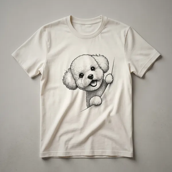 White Bichon Frise dog peeking over a colorful floral border on a black t-shirt.