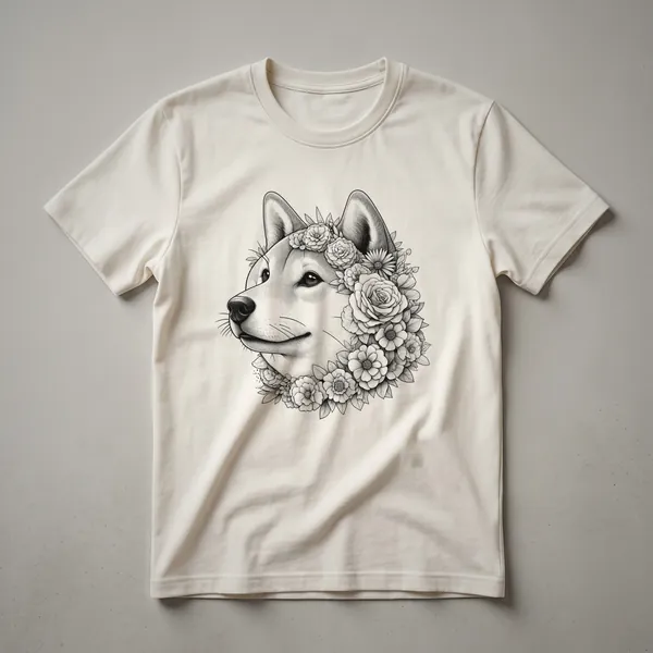 White t-shirt featuring a Shiba Inu dog face artfully created with colorful flowers and green leaves.