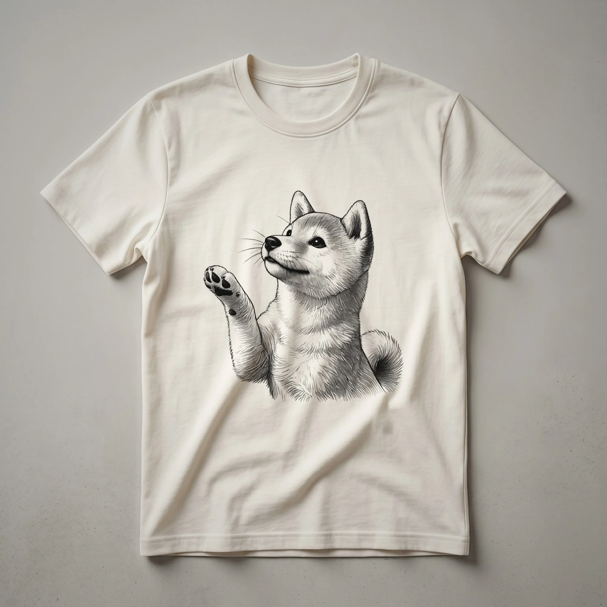 White t-shirt with a graphic of a Shiba Inu dog raising its paw, surrounded by colorful floral elements.