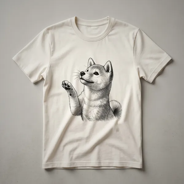 White t-shirt with a graphic of a Shiba Inu dog raising its paw, surrounded by colorful floral elements.