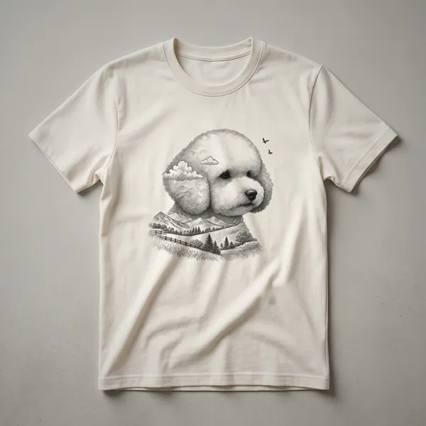 White Bichon Frise dog surrounded by colorful flowers and green leaves on a graphic t-shirt.