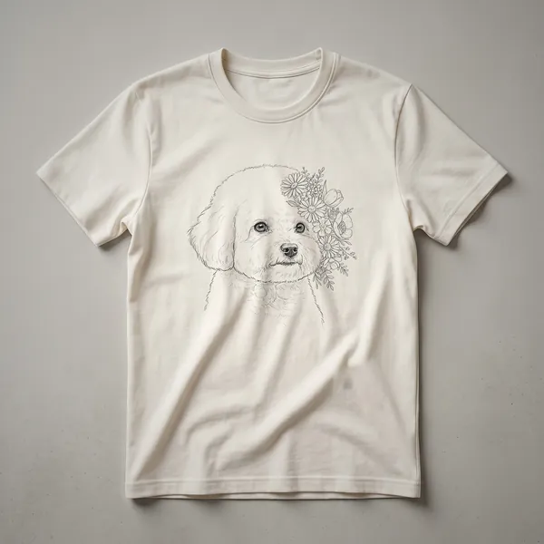 White t-shirt with a graphic of a Bichon Frise dog surrounded by colorful flowers and leaves.