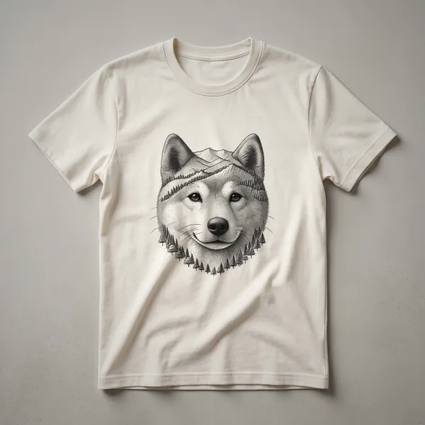 White graphic t-shirt featuring a Shiba Inu dog silhouette surrounded by colorful floral elements and a sunset.