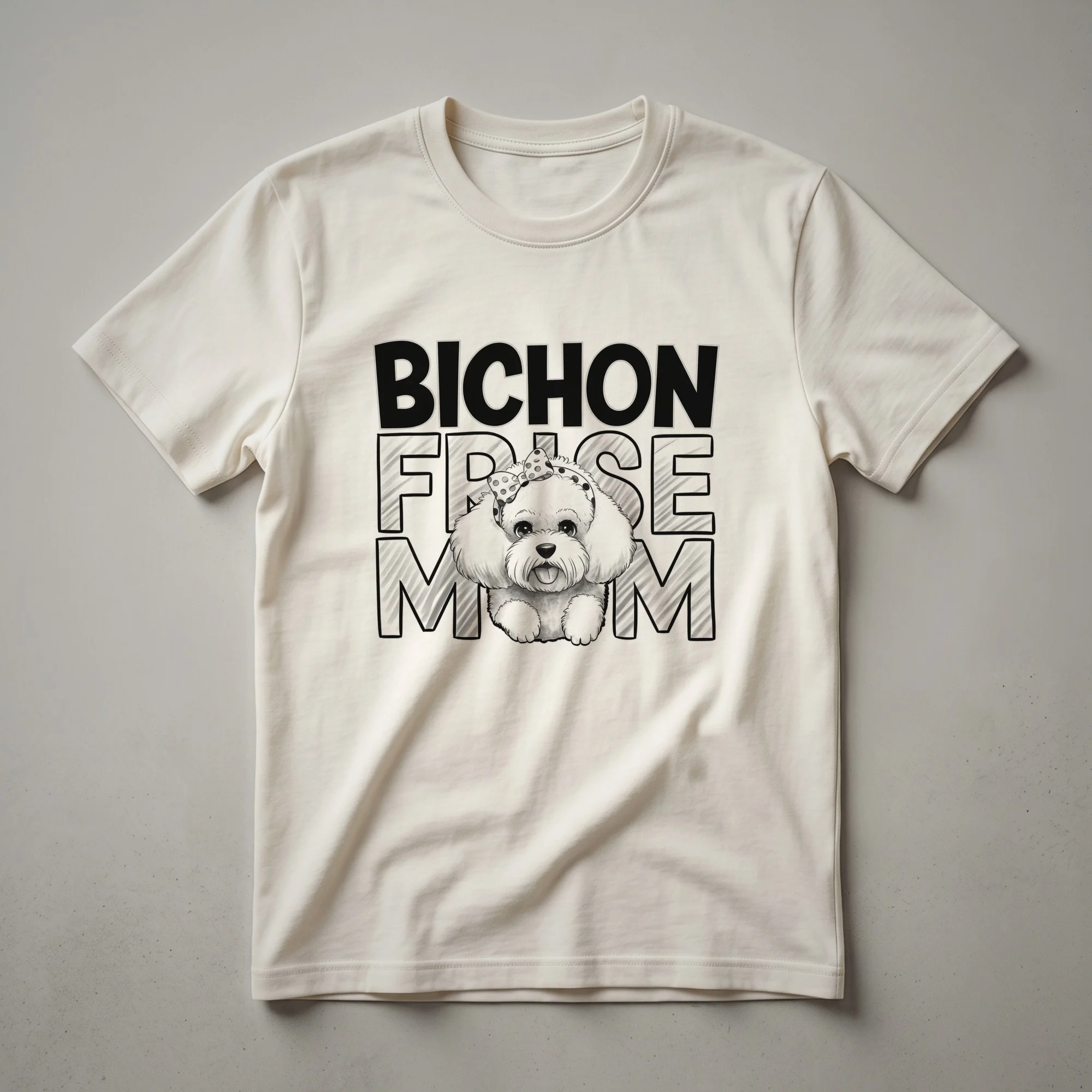 White graphic t-shirt with a black outline portrait of a Bichon Frise dog and the text 'Bichon Frise Mom' in black.