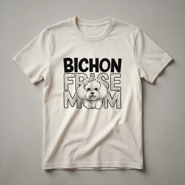 White graphic t-shirt with a black outline portrait of a Bichon Frise dog and the text 'Bichon Frise Mom' in black.