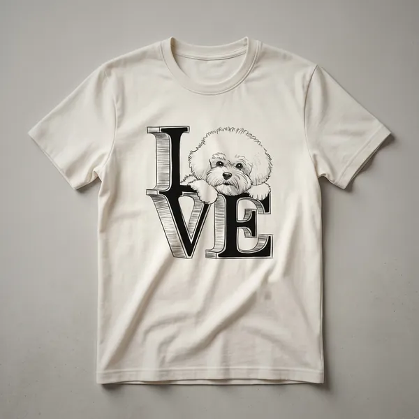 White Bichon Frise dog with a fluffy coat surrounded by colorful blooming flowers on the front of a graphic t-shirt.