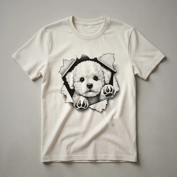 White Bichon Frise dog peeking from behind a colorful floral design on a t-shirt.