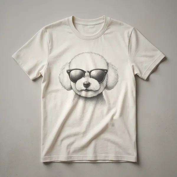White Bichon Frise dog wearing dark sunglasses, depicted in a graphic design on a t-shirt.