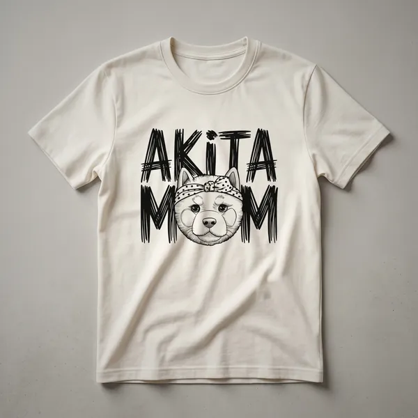 White graphic t-shirt with the words 'Akita Mom' written in a floral font with pink and green accents.