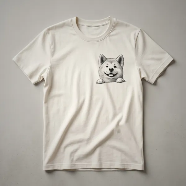 White graphic t-shirt with a black and white stylized Akita dog peeking over a colorful floral border.