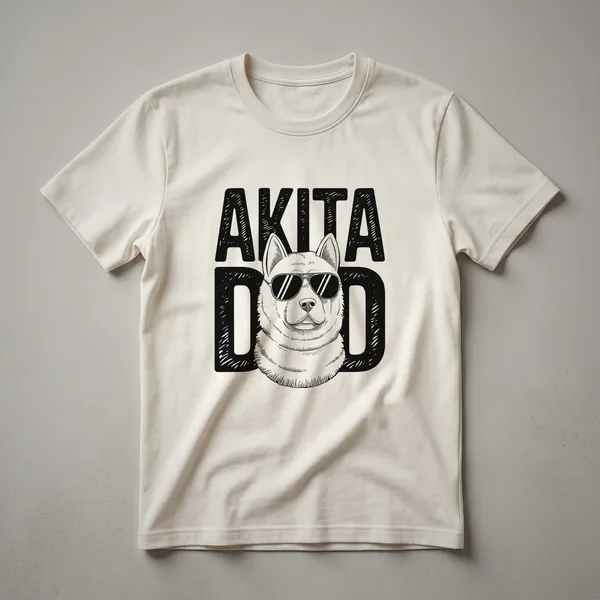 A white graphic t-shirt with a floral wreath design and the text 'Akita Dad' in the center, intended for men.