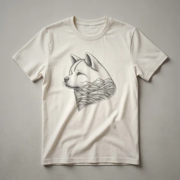 A white graphic t-shirt featuring a black silhouette of an Akita dog surrounded by floral elements and a nature-inspired background.