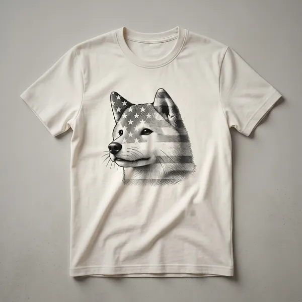 White t-shirt with a graphic of a Shiba Inu dog wearing sunglasses with an American flag pattern, celebrating the 4th of July.