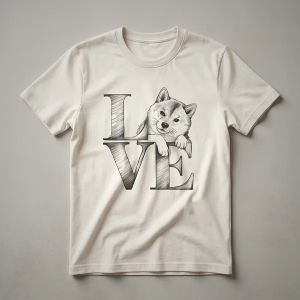 White graphic t-shirt featuring a stylized Shiba Inu dog within a floral heart design, with the text 'Love' below.