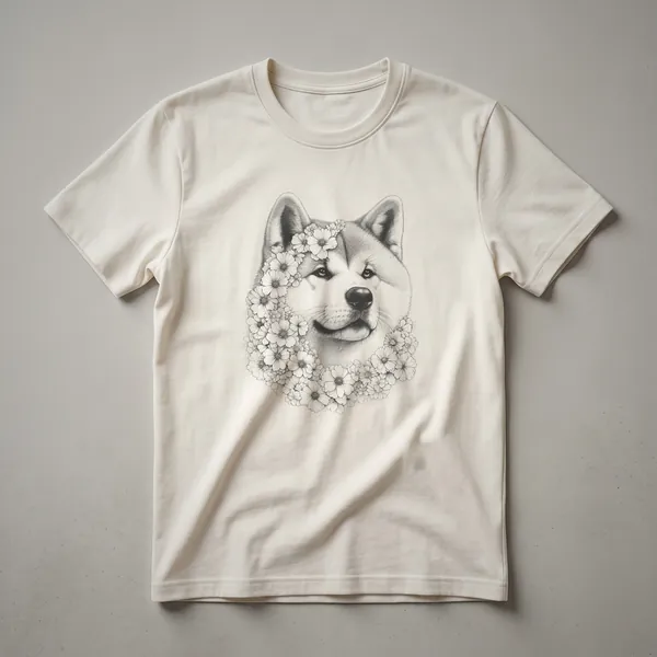 A white graphic t-shirt featuring a stylized Akita dog face with a floral design around its head, rendered in soft colors.